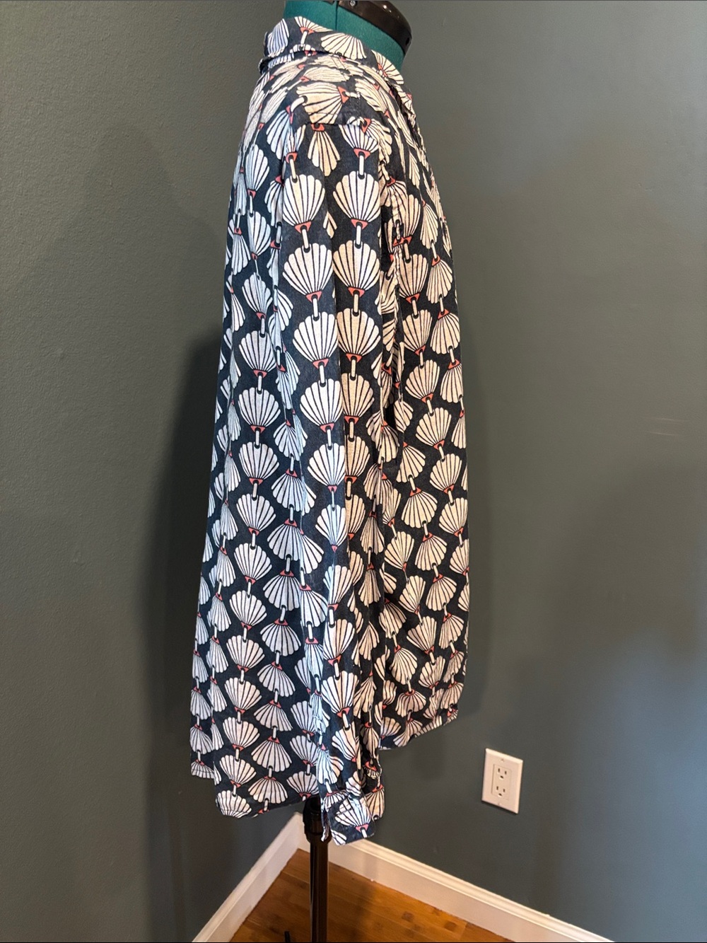 Martha Stewart Navy Button-Down Shirt with White Shell Motif and Red Dot Accents - Picture 2 of 7